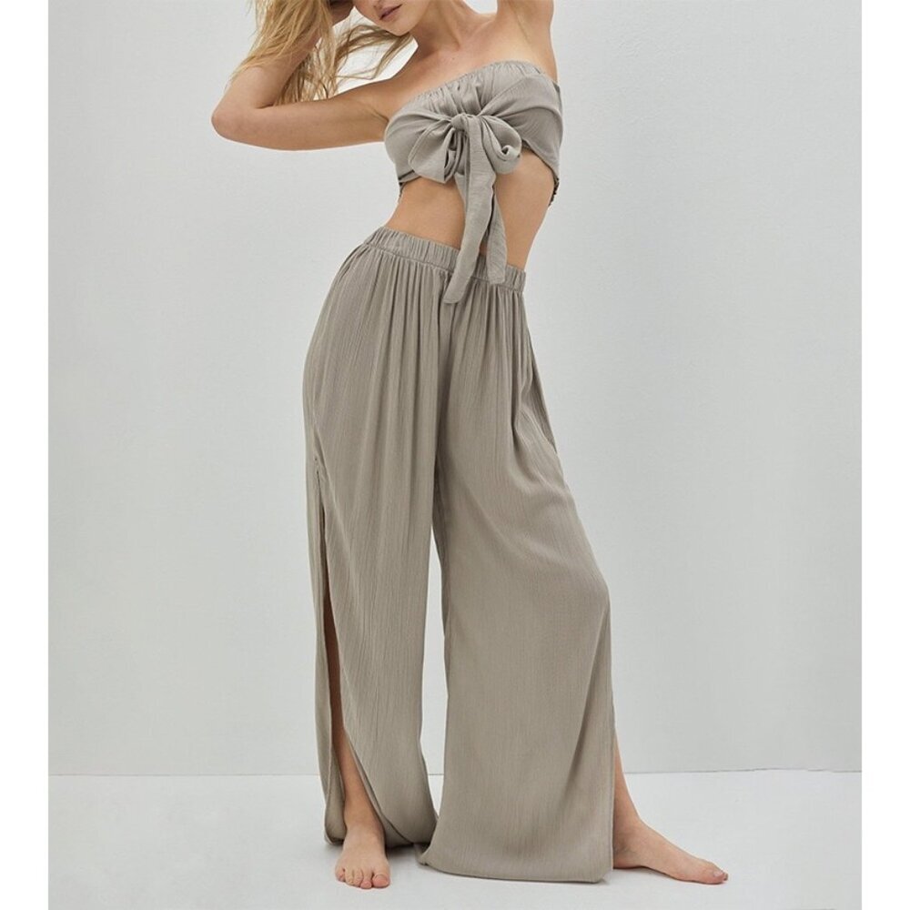 NWT Nastygal Y Beachy Water You Up To Stone Colored Wide Leg Slit Casual Pants